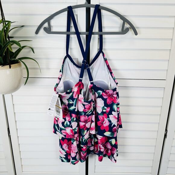 New Maxine of Hollywood Floral High Neck Double Ruffle Tankini Swim Top Size 16W - Picture 5 of 12